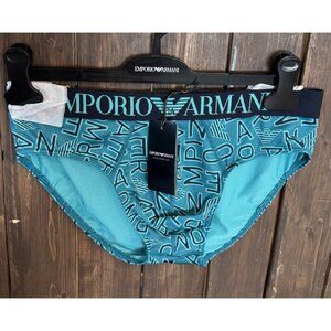 Emporio Armani MEDIUM All Over Logo Print Microfiber Brief Navy & Teal NEW $40